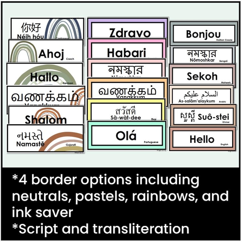 May include: A collection of rectangular educational cards featuring various global greetings in multiple languages and scripts. Each card displays a word, its transliteration, and some include rainbow illustrations with neutral and pastel borders.