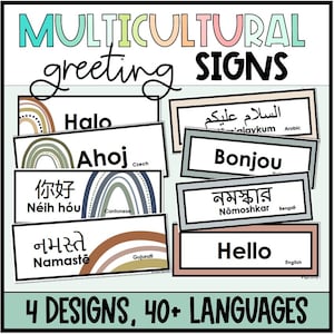 May include: A set of rectangular multicultural greeting signs featuring various languages, rainbow illustrations, and black text. The signs display greetings like Halo, Ahoj, N&eacute;ih h&oacute;u, Namastē, As-salamu alaykum, Bonjou, N&ocirc;moshkar, and Hello with 40+ languages total.
