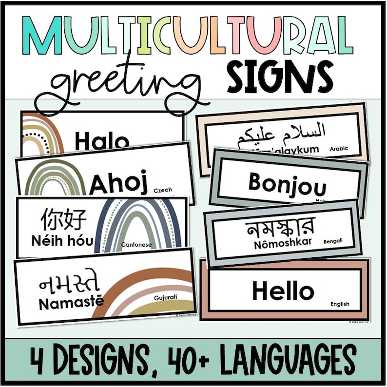 May include: A set of rectangular multicultural greeting signs featuring various languages, rainbow illustrations, and black text. The signs display greetings like Halo, Ahoj, N&eacute;ih h&oacute;u, Namastē, As-salamu alaykum, Bonjou, N&ocirc;moshkar, and Hello with 40+ languages total.