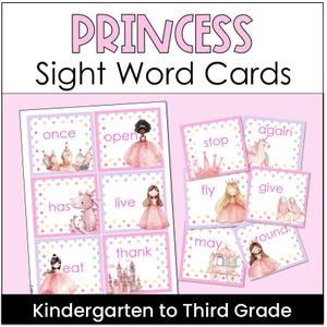Cartões de palavras visuais de princesa para impressão, Flashcards de leitura de princesas, Palavras visuais de meninas, Leitura inicial, Download, Dolch