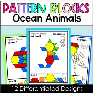 Blocos de padrões para impressão de animais marinhos e criaturas marinhas, cartões de tarefas, formas 2D, centro de sala de aula, atividade de matemática