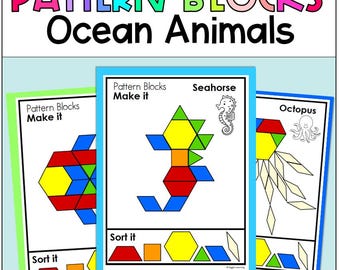 Printable Math Ocean Animals Sea Creatures Pattern Block Mats, Task Cards, 2D Shapes, Classroom Center, Math Activity