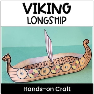 Op de afbeelding: Een papieren Viking-langschipmodel met een lichtbruine romp, een boeg in de vorm van een drakenkop, een gestreept zeil en ronde schilden langs de zijkanten. De tekst VIKING LONGSHIP en Hands-on Craft staat boven en onder het model.