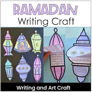 May include: A Ramadan writing craft activity with colorful paper lanterns and a writing prompt about the holy month. The lanterns are decorated with stars, moons, and candles. The writing prompt says "Ramadan is a holy month for Muslims. It follows the lunar calendar so it starts on a different day each year."