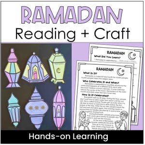 May include: A printable Ramadan reading and craft activity for kids. The activity includes a reading passage about Ramadan and a craft activity to make paper lanterns. The reading passage explains what Ramadan is, who celebrates it, and how it is celebrated. The craft activity includes a template for making paper lanterns. The paper lanterns are decorated with stars and crescent moons.