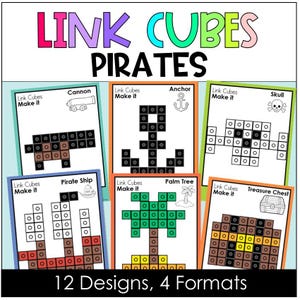 Puede incluir: Una imagen colorida con "LINK CUBES PIRATES" en letras grandes. La imagen muestra varios diseños, incluyendo un cañón, un ancla, una calavera, un barco pirata, una palmera y un cofre del tesoro, todos creados con cubos de enlace. También está presente el texto "12 Designs, 4 Formats".