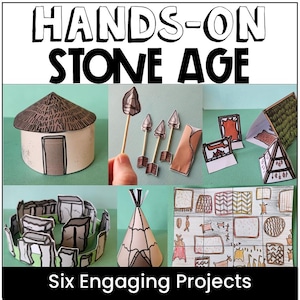 Op de afbeelding: Een verzameling van zes papieren knutselprojecten getiteld HANDS-ON STONE AGE. De set bevat een ronde hut, pijlpunten, een tent, een steencirkel, een kegelvormige structuur en een raster van geïllustreerde panelen met diverse prehistorische motieven.