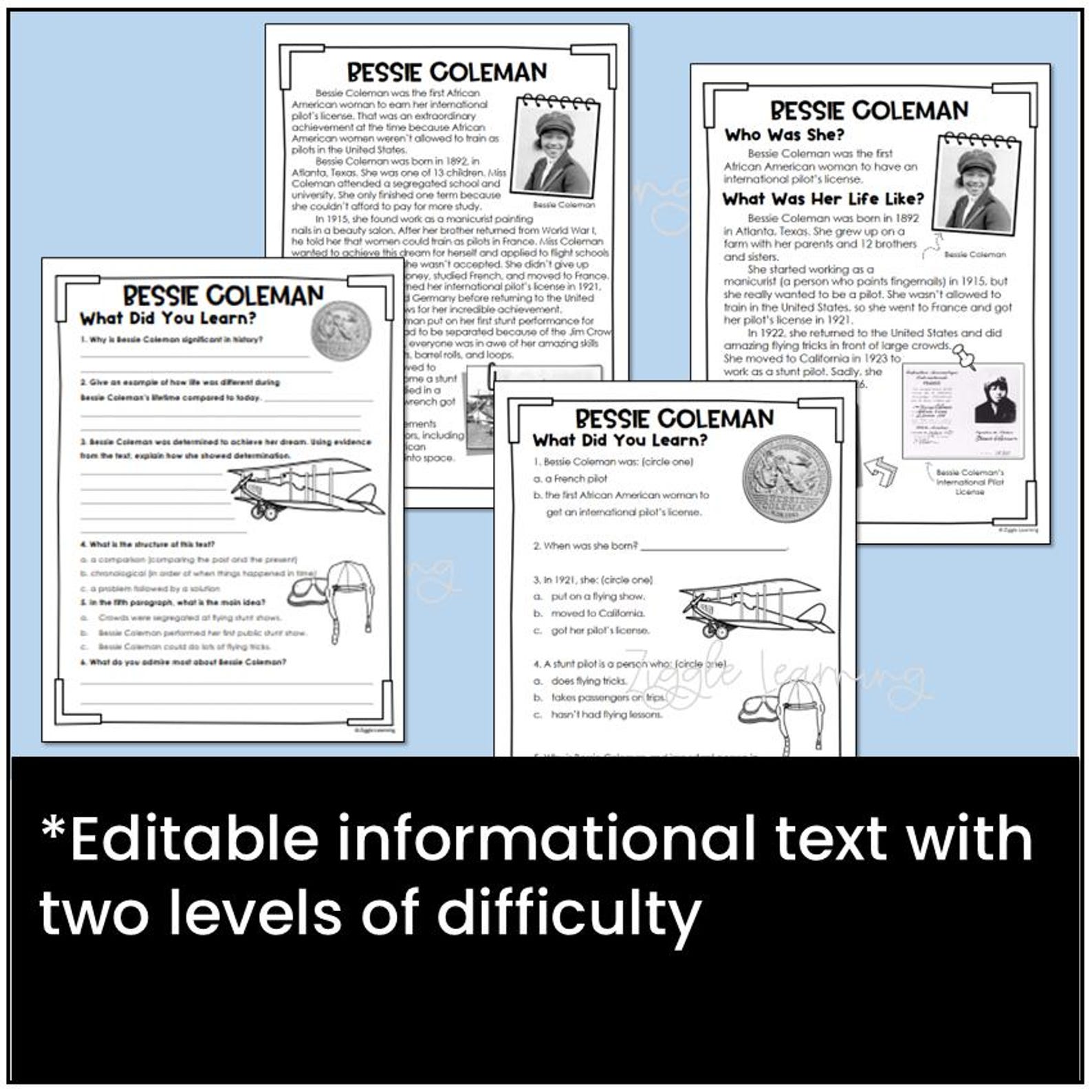 Bessie Coleman Activity Pack Reading Passage Airplane Craft Foldable ...