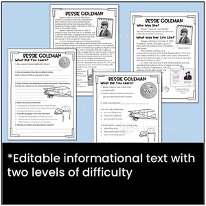 May include: Black and white printable worksheets for kids about Bessie Coleman, the first African American woman to earn an international pilot's license. The worksheets include text about Bessie Coleman's life and a "What Did You Learn?" section with multiple choice questions.