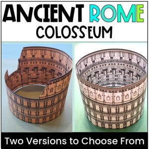 Peut inclure: Deux modèles de Colisée en papier, l'un marron et l'autre en noir et blanc. Le texte "ANCIENT ROME COLOSSEUM" est en haut, avec "Two Versions to Choose From" en bas.