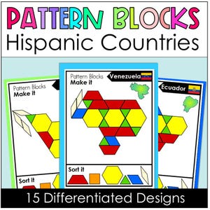 Puede incluir: Tarjetas educativas de bloques de patrones con formas geométricas coloridas. Las tarjetas muestran contornos de países, incluyendo Venezuela y Ecuador, con sus banderas correspondientes. El texto "Pattern Blocks Hispanic Countries" está en la parte superior, y "15 Differentiated Designs" en la parte inferior.