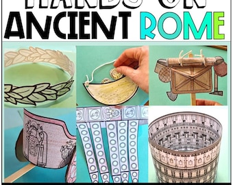 May include: A collection of six paper craft projects titled HANDS-ON ANCIENT ROME. The set includes a laurel wreath, a coin pouch, a Roman soldier's pack, a chariot, a belt, and a model of the Colosseum, all featuring black line art designs.