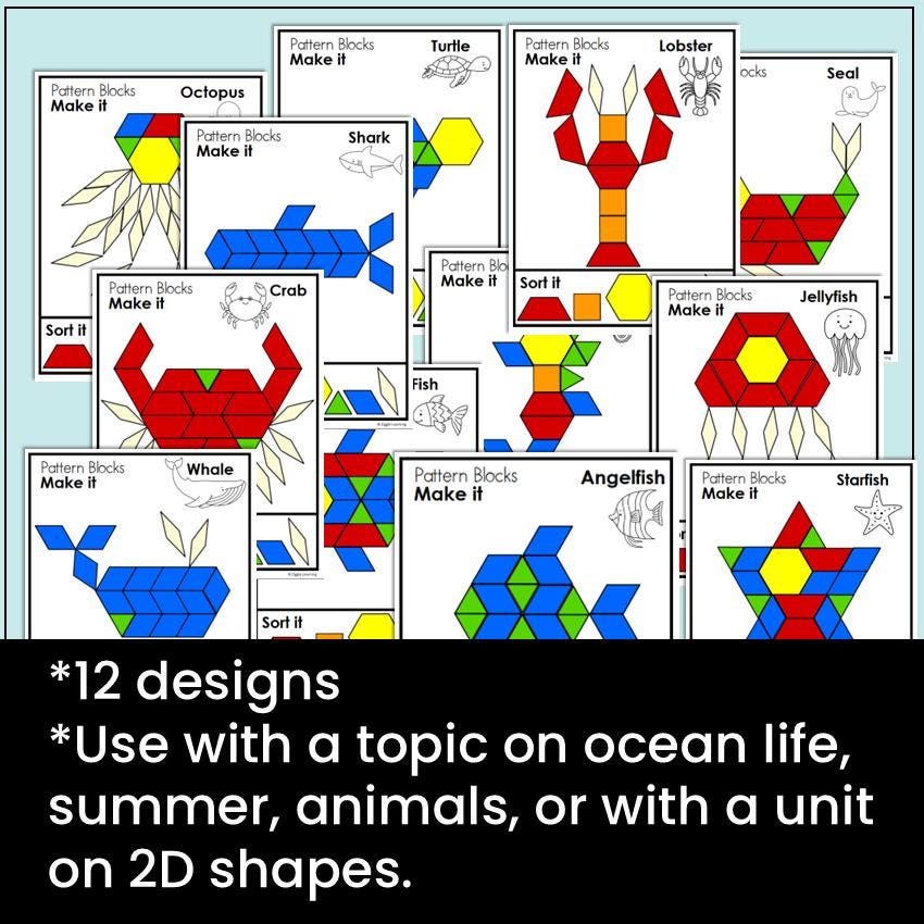 Printable Math Ocean Animals Sea Creatures Pattern Block Mats, Task ...