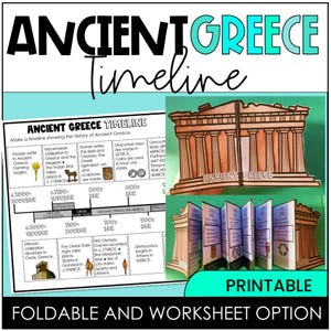 Könnte beinhalten: Ein ausdruckbares Arbeitsblatt zur Zeitleiste des antiken Griechenlands mit einer faltbaren Option. Das Bild zeigt eine detaillierte Zeitleiste mit wichtigen historischen Ereignissen, Illustrationen und dem Text "Ancient Greece Timeline". Enthält ein 3D-Papiermodell eines griechischen Tempels.