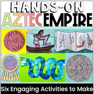 Peut inclure: Un ensemble de six projets manuels éducatifs intitulés HANDS-ON AZTEC EMPIRE et Six Engaging Activities to Make. Le kit comprend un disque solaire en argile, une scène de bateau en papier, un livret illustré plié, un bouclier, un serpent et un calendrier.