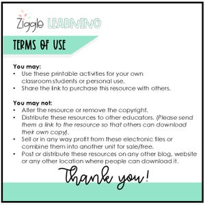 May include: A white document titled Ziggle Learning Terms of Use with black text outlining permissions for printable activities. It lists what users may and may not do regarding classroom use, sharing links, copyright, and distribution, ending with Thank you!