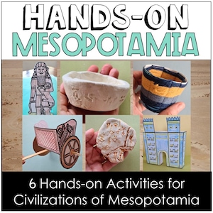 Pode incluir: Uma coleção de seis projetos educativos manuais intitulados Hands-On Mesopotamia e 6 Hands-on Activities for Civilizations of Mesopotamia. Os trabalhos incluem uma figura de papel, uma tigela de argila, um copo envolto em fio, uma carruagem de papel, uma tabuleta de argila e um portão de papel.