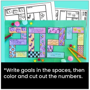 Puede incluir: Una hoja de actividades para establecer metas de A&ntilde;o Nuevo 2027 con n&uacute;meros de papel coloreados a mano. Cada n&uacute;mero contiene secciones para escribir metas personales, escolares y de amistad, decoradas con globos y estrellas.