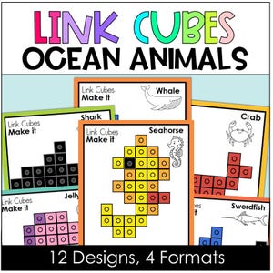 Puede incluir: Recurso educativo "Link Cubes Ocean Animals" con 12 diseños y 4 formatos. La imagen muestra varias criaturas marinas como una ballena, un tiburón, un caballito de mar y un cangrejo, cada una representada por un diseño de bloques. El texto "Link Cubes Make it" también es visible.