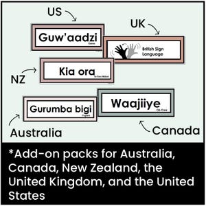 May include: A collection of rectangular labels featuring various greetings and languages including Guw'aadzi, British Sign Language, Kia ora, Gurumba bigi, and Waajiiye, with text indicating add-on packs for Australia, Canada, New Zealand, the UK, and the US.