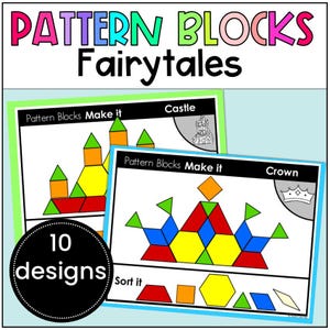 Tapis imprimables en blocs mathématiques, motifs contes de fées, fiches de tâches, activités de conception, formes 2D, centre de la classe, activité mathématique