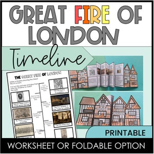 May include: A printable worksheet or foldable option for learning about the Great Fire of London. The worksheet includes a timeline with images and text describing the events of the fire. The foldable option features a series of panels depicting the fire's progression.