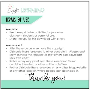 May include: A green and white printable document with the title "Ziggle LEARNING TERMS OF USE". The document lists terms of use for printable activities, including what is allowed and what is not allowed. The document ends with the phrase "Thank you!"