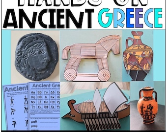May include: A collection of educational materials titled HANDS-ON ANCIENT GREECE, featuring a dark coin replica, a paper Trojan horse, a broken vase puzzle, a Greek alphabet chart, a paper trireme ship model, and a small orange and black amphora.