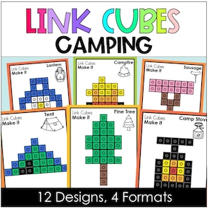 Puede incluir: Un colorido póster educativo con el texto "LINK CUBES CAMPING" en la parte superior. El póster presenta 6 diseños diferentes con temática de camping hechos con cubos de enlace, incluyendo una linterna, una fogata, una salchicha, una tienda de campaña, un pino y una estufa de camping. La parte inferior dice "12 Designs, 4 Formats."