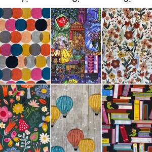 K&ouml;nnte beinhalten: Eine Collage aus 12 verschiedenen Stoffmustern, jedes mit einem einzigartigen Design. Die Muster umfassen Punkte, Blumen, Hei&szlig;luftballons, B&uuml;cher und ein Buntglasbild von Belle und dem Biest aus Die Sch&ouml;ne und das Biest.