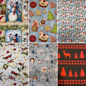 K&ouml;nnte beinhalten: Sechs verschiedene Stoffmuster mit verschiedenen Weihnachtsthemen. Das erste Muster zeigt einen Schneemann und den Text "Winter Wonderland" und "Friends Forever". Das zweite Muster zeigt einen blauen Hintergrund mit Lebkuchenh&auml;usern, Zuckerstangen und Weihnachtsb&auml;umen. Das dritte Muster zeigt einen blauen Hintergrund mit einem sich wiederholenden Muster von Gnomen. Das vierte Muster zeigt einen wei&szlig;en Hintergrund mit einem sich wiederholenden Muster von Gnomen und dem Text "Cheerful", "Joyful", "Many", und "Bright". Das f&uuml;nfte Muster zeigt einen blauen Hintergrund mit einem sich wiederholenden Muster von Pinguinen, Eisb&auml;ren und Weihnachtsb&auml;umen. Das sechste Muster zeigt einen schwarz-rot karierten Hintergrund mit einem sich wiederholenden Muster von roten Weihnachtsb&auml;umen und einem roten Rentier.