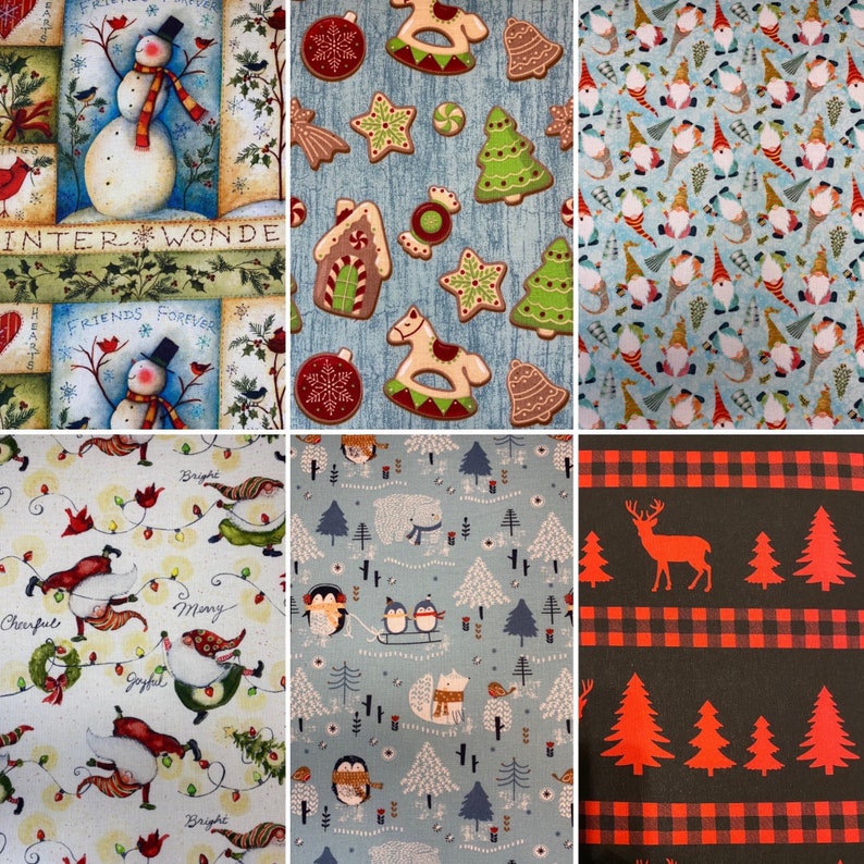 K&ouml;nnte beinhalten: Sechs verschiedene Stoffmuster mit verschiedenen Weihnachtsthemen. Das erste Muster zeigt einen Schneemann und den Text "Winter Wonderland" und "Friends Forever". Das zweite Muster zeigt einen blauen Hintergrund mit Lebkuchenh&auml;usern, Zuckerstangen und Weihnachtsb&auml;umen. Das dritte Muster zeigt einen blauen Hintergrund mit einem sich wiederholenden Muster von Gnomen. Das vierte Muster zeigt einen wei&szlig;en Hintergrund mit einem sich wiederholenden Muster von Gnomen und dem Text "Cheerful", "Joyful", "Many", und "Bright". Das f&uuml;nfte Muster zeigt einen blauen Hintergrund mit einem sich wiederholenden Muster von Pinguinen, Eisb&auml;ren und Weihnachtsb&auml;umen. Das sechste Muster zeigt einen schwarz-rot karierten Hintergrund mit einem sich wiederholenden Muster von roten Weihnachtsb&auml;umen und einem roten Rentier.