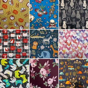K&ouml;nnte beinhalten: Eine Collage aus zehn verschiedenen Stoffmustern. Die Muster umfassen eine Vielzahl von Farben und Designs, wie Herzen, Tiere und geometrische Formen.