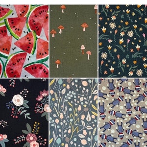 K&ouml;nnte beinhalten: Sechs verschiedene Stoffmuster mit verschiedenen Mustern. Die obere Reihe zeigt Wassermelonenst&uuml;cke auf hellblauem Hintergrund, Pilze auf dunkelgr&uuml;nem Hintergrund und gelbe und rosa Blumen auf dunkelblauem Hintergrund. Die untere Reihe zeigt rosa und wei&szlig;e Blumen auf schwarzem Hintergrund, hellblaue Blumen auf grauem Hintergrund und blaue Affen auf beigefarbenem Hintergrund.