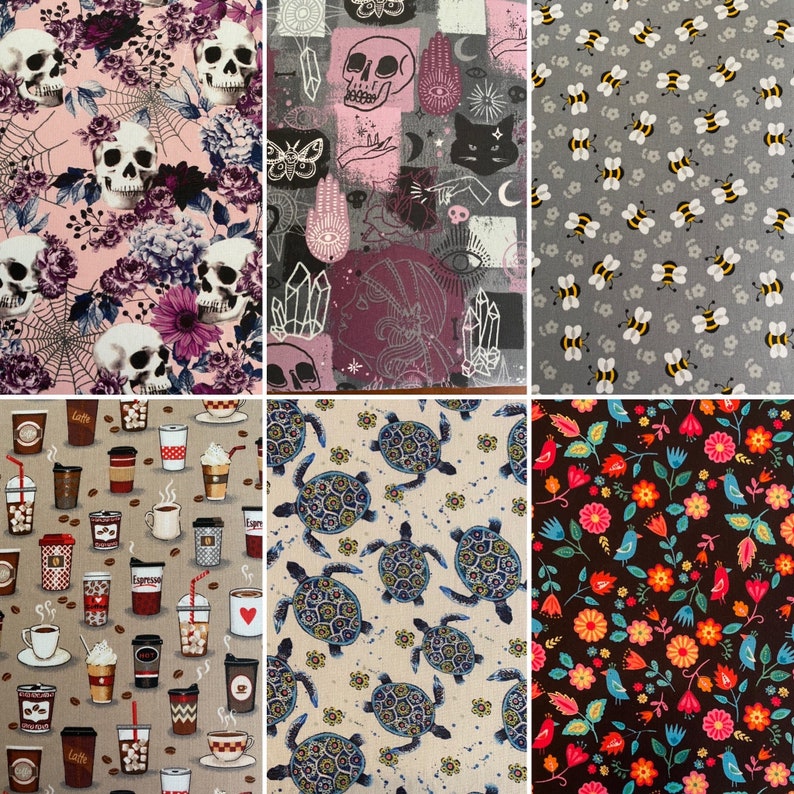 K&ouml;nnte beinhalten: Eine Collage aus zehn verschiedenen Stoffmustern. Die Muster umfassen Sch&auml;del, Bienen, Blumen und Schildkr&ouml;ten. Die Muster sind alle in verschiedenen Farben und Stilen gehalten.