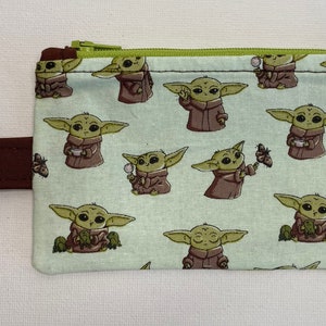 Coin Purse/Card Holder with Key Ring and Lobster Claw in Playful Grogu Pattern