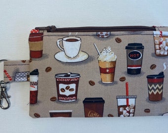 Geldbörse/Kartenhalter mit Schlüsselring und Karabiner im Kaffee und Espresso Muster