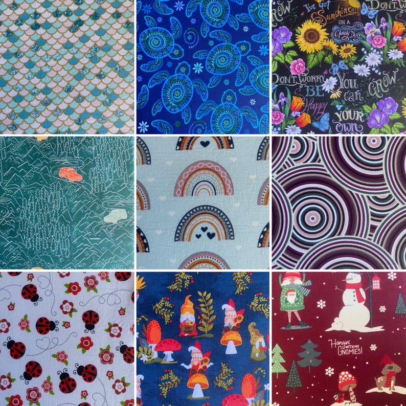 K&ouml;nnte beinhalten: Eine Collage aus zehn verschiedenen Stoffmustern mit verschiedenen Mustern. Die Muster umfassen ein blaugr&uuml;nes und wei&szlig;es Schuppenmuster, ein blaues und gr&uuml;nes Meeresschildkr&ouml;tenmuster, ein schwarz-wei&szlig;es Blumenmuster mit dem Text "Keine Sorge, sei gl&uuml;cklich, du kannst wachsen", ein blaugr&uuml;nes und wei&szlig;es Bergmuster, ein hellblaues und braunes Regenbogenmuster, ein lila und wei&szlig;es konzentrisches Kreismuster, ein wei&szlig;es und rotes Marienk&auml;fermuster, ein blaues und gr&uuml;nes Gnommuster, ein rotes und wei&szlig;es Schneemannmuster und ein braunes und wei&szlig;es Pilzmuster.