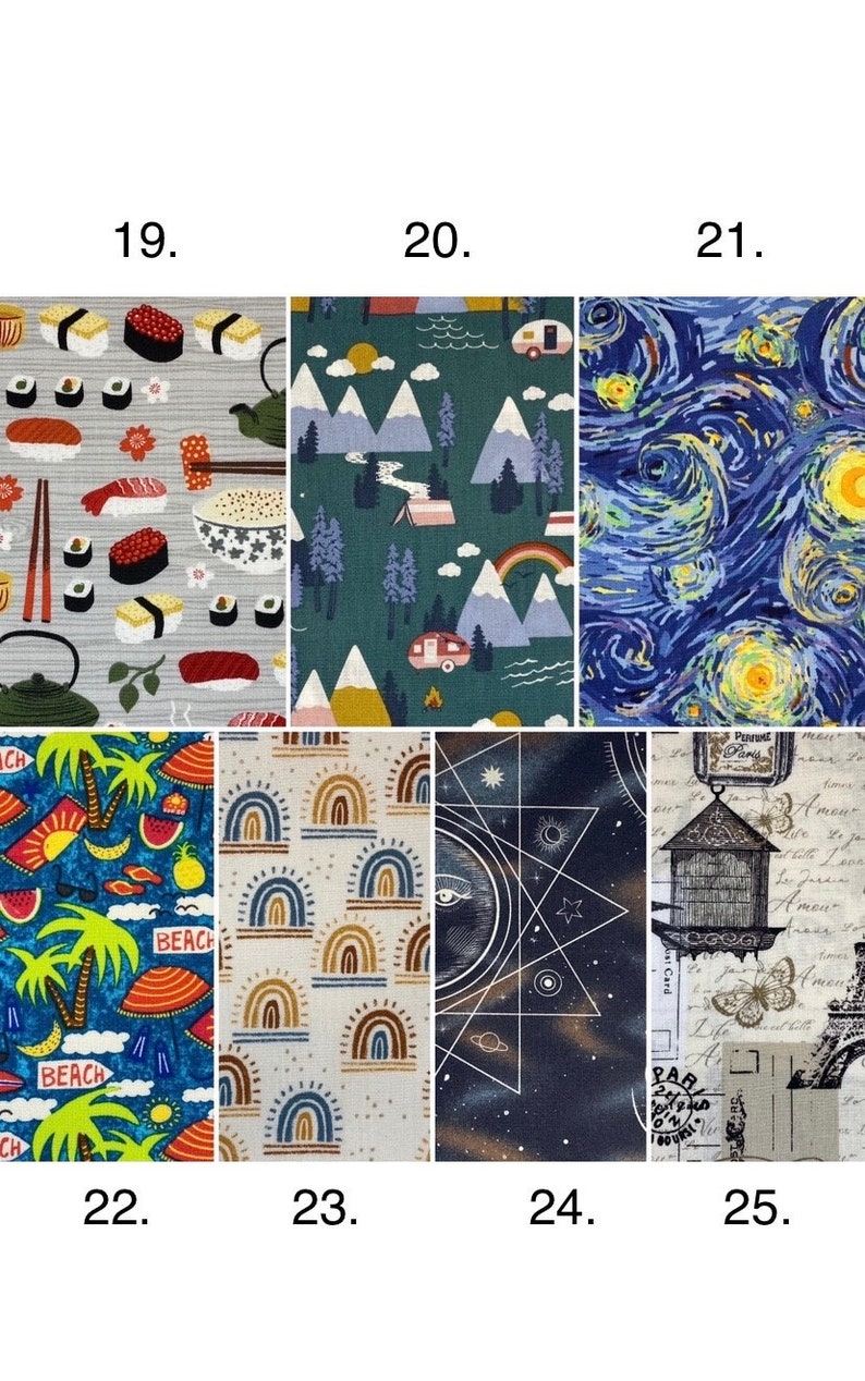 K&ouml;nnte beinhalten: Eine Collage aus zehn verschiedenen Stoffmustern mit verschiedenen Mustern. Die Muster sind in einem Raster angeordnet, wobei sich unter jedem Muster die Nummern 19 bis 25 befinden. Die Muster umfassen Sushi, Camping, Sternenhimmel, Palmen, Regenb&ouml;gen, Himmelsk&ouml;rper und Vintage-Postkarten.