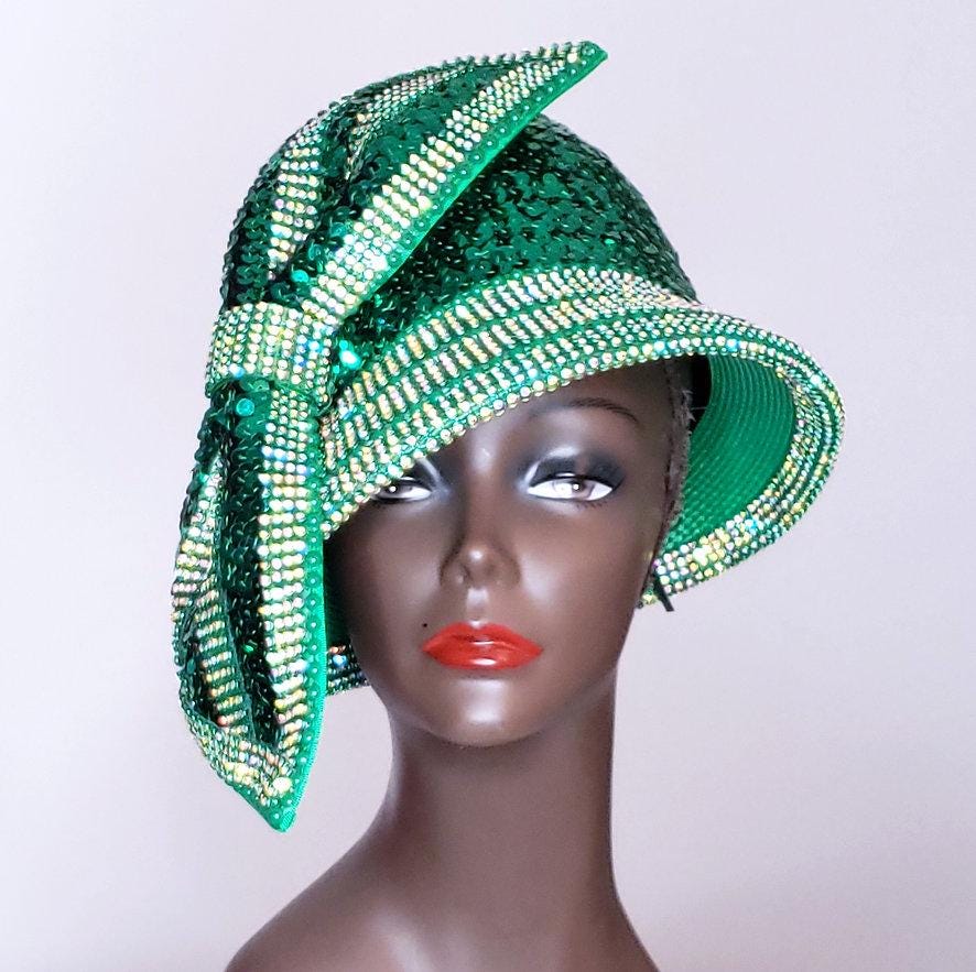 Chic Green Bow Hat with Rhinestone Accents Satin Ribbon Church Hat, Elegant Designer Hat, Rhinestone  main image 4