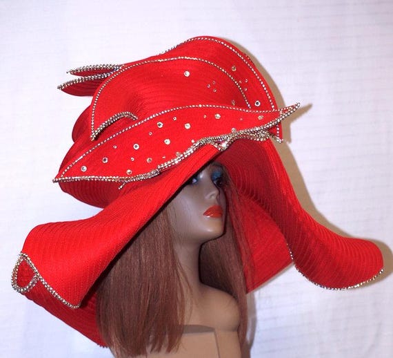 Donna Vinci Unique Wide Brim Red Satin Hat - Etsy display picture 2