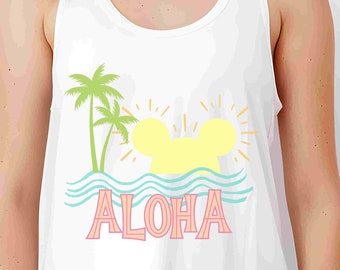 May include: White tank top with a graphic of a palm tree, a sun with Mickey Mouse ears, and the word "ALOHA" in pink, blue, and yellow.
