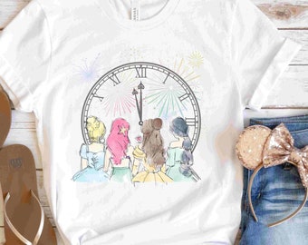 Camiseta Disney de Año Nuevo / Feliz Año Nuevo 2026 / Princesa Año Nuevo / Cenicienta Bella Ariel Jazmín / Disney Doodle Acuarela Año Nuevo