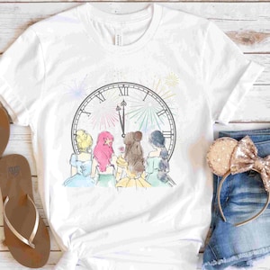 New Years Disney Shirt | Happy New Years 2024 | Princess New Years | Cinderella Belle Ariel Jasmine | Disney Doodle Watercolor New Year