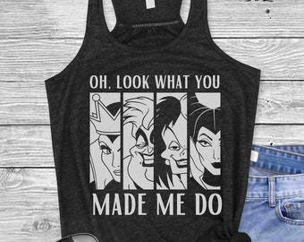 Disney Villains Racerback-tanktopshirt voor Disney-schurken, kijk wat je me hebt laten doen | Klassiek Disney Villains-shirt zonder mouwen | Disney Halloween-shirt