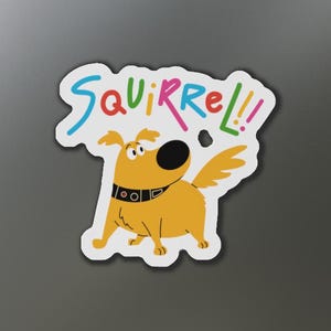 May include: A yellow cartoon dog with a black collar and the word "SQUIRREL!" written in colorful letters above it. The dog is looking to the right and has its tongue sticking out.
