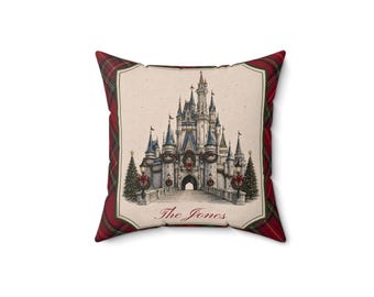 Cojín navideño personalizado con forma de castillo familiar / Cojín cuadrado a cuadros navideños