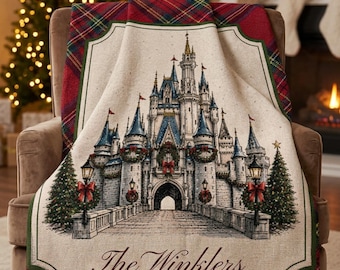 Manta navideña familiar personalizada con diseño de castillo tejido / Manta navideña de herencia / Manta familiar personalizada