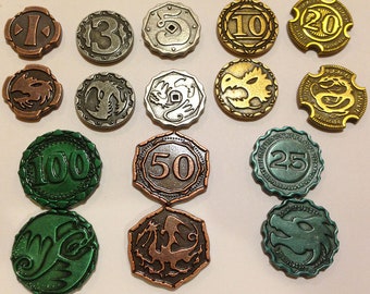 May include: A collection of 10 metal coins with dragon designs and numbers 1, 3, 5, 10, 20, 25, 50, 100. The coins are in various colors, including gold, silver, copper, and green.