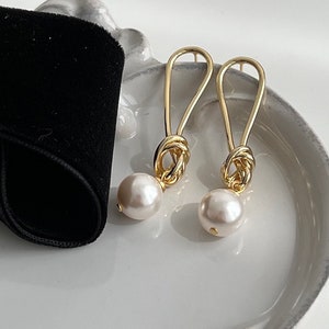 14K Gold Plated Sterling Silver Twisted Stud Dangle Pearl Pendant Bride Earrings Gift for Her Mom Ears with Freshwater Pearls Jewelry Set